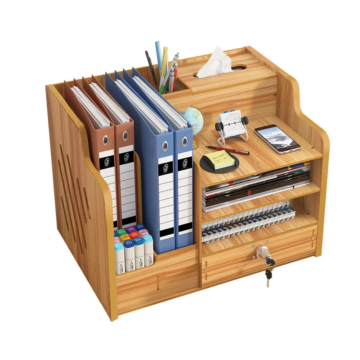 Wooden Desktop Storage Box with Locking Drawer Space Saving for Home Office Use - Wood