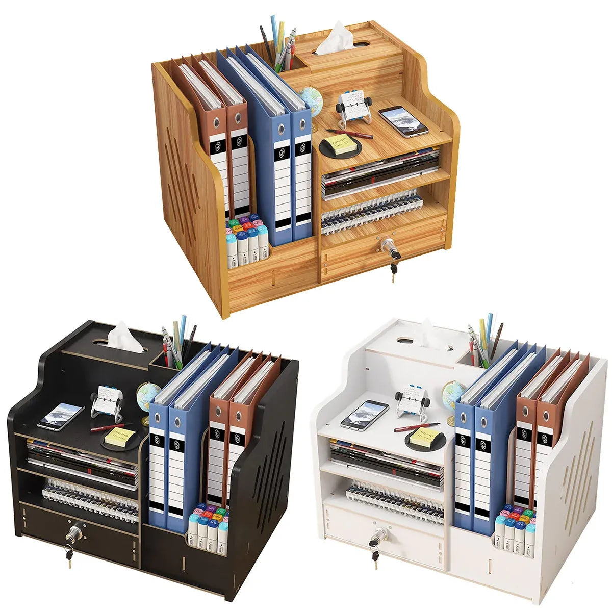 Wooden Desktop Storage Box with Locking Drawer Space Saving for Home Office Use - Wood