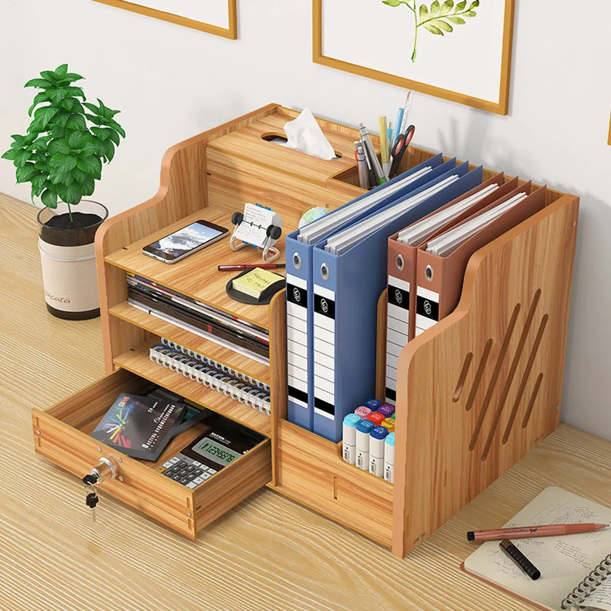 Wooden Desktop Storage Box with Locking Drawer Space Saving for Home Office Use - Wood