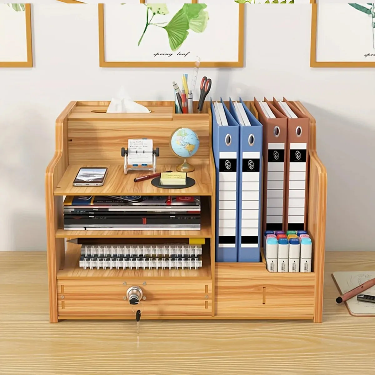 Wooden Desktop Storage Box with Locking Drawer Space Saving for Home Office Use - White
