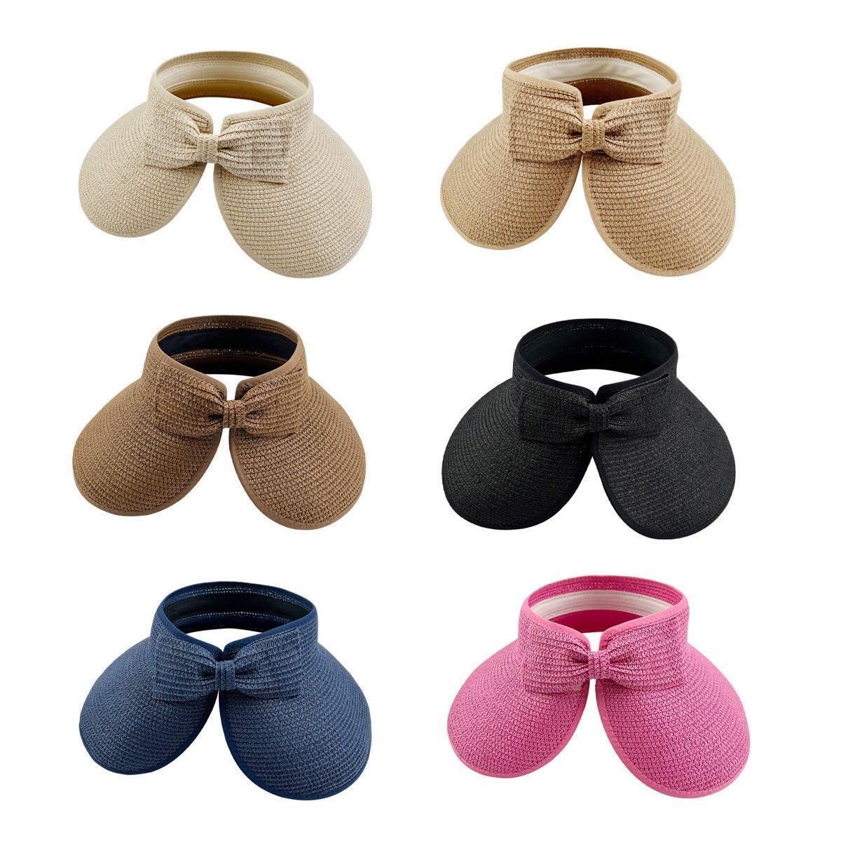 Women Roll Up Sun Visor Wide Brim Straw Hat Summer Foldable UV Protection Cap - Beige