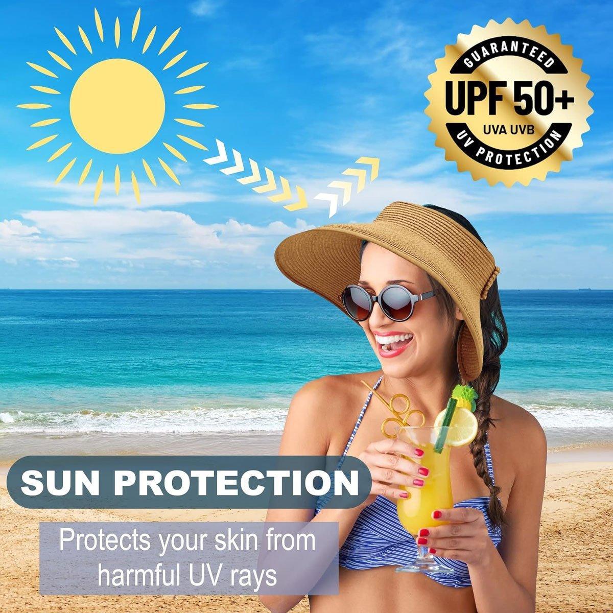 Women Roll Up Sun Visor Wide Brim Straw Hat Summer Foldable UV Protection Cap - Beige