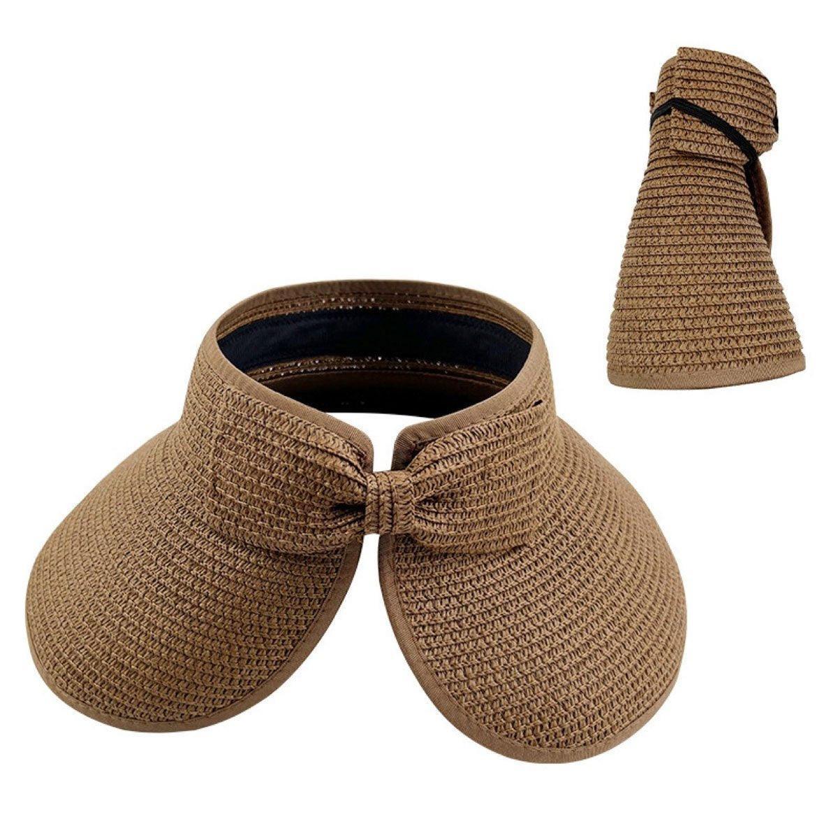 Women Roll Up Sun Visor Wide Brim Straw Hat Summer Foldable UV Protection Cap - Beige