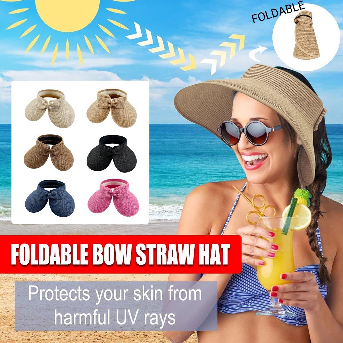 Women Roll Up Sun Visor Wide Brim Straw Hat Summer Foldable UV Protection Cap - Dark Brown