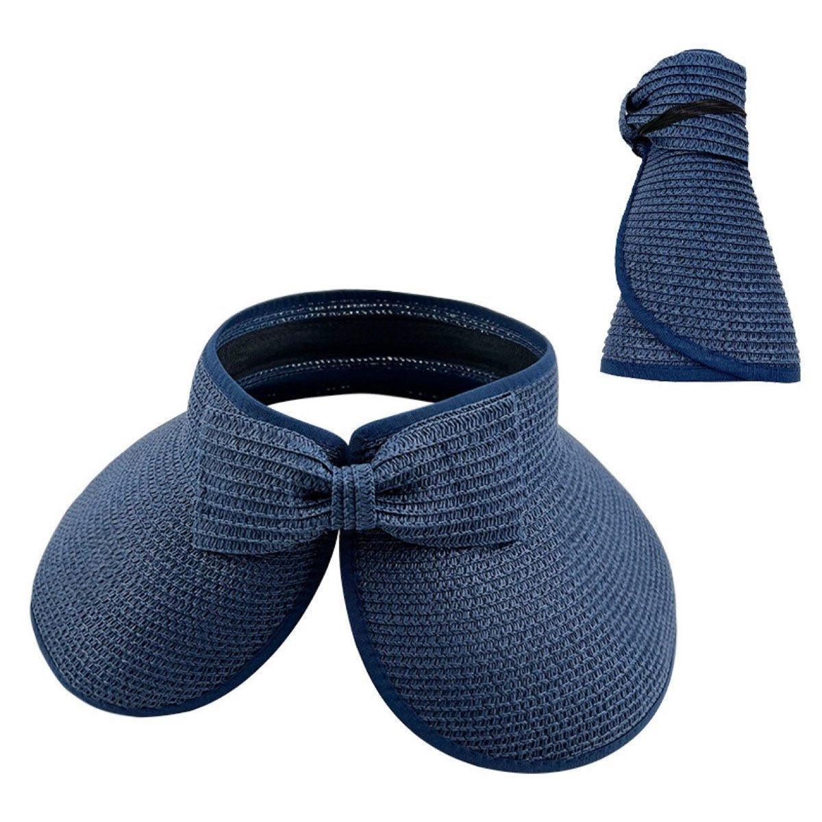 Women Roll Up Sun Visor Wide Brim Straw Hat Summer Foldable UV Protection Cap - Navy Blue