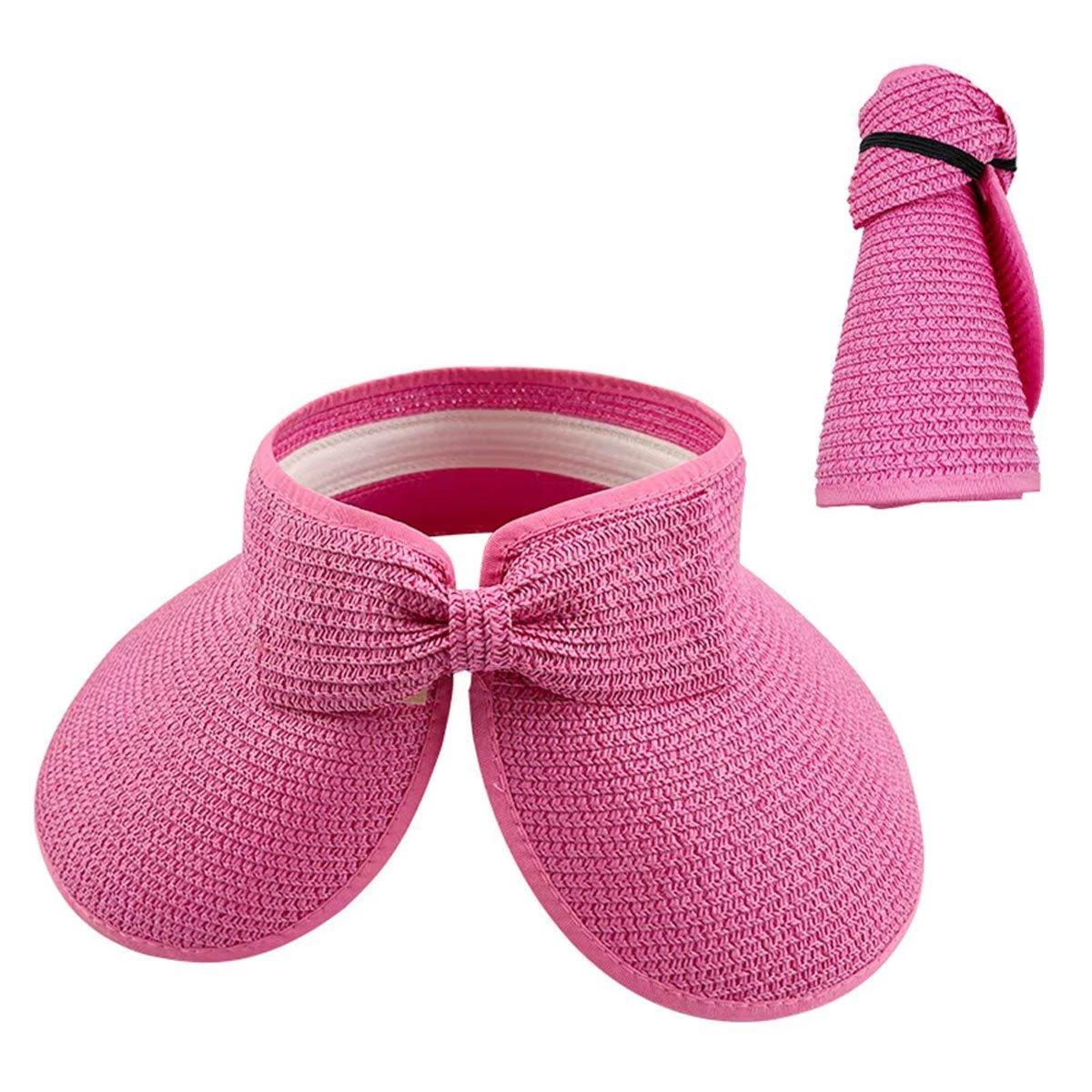 Women Roll Up Sun Visor Wide Brim Straw Hat Summer Foldable UV Protection Cap - Rose Red