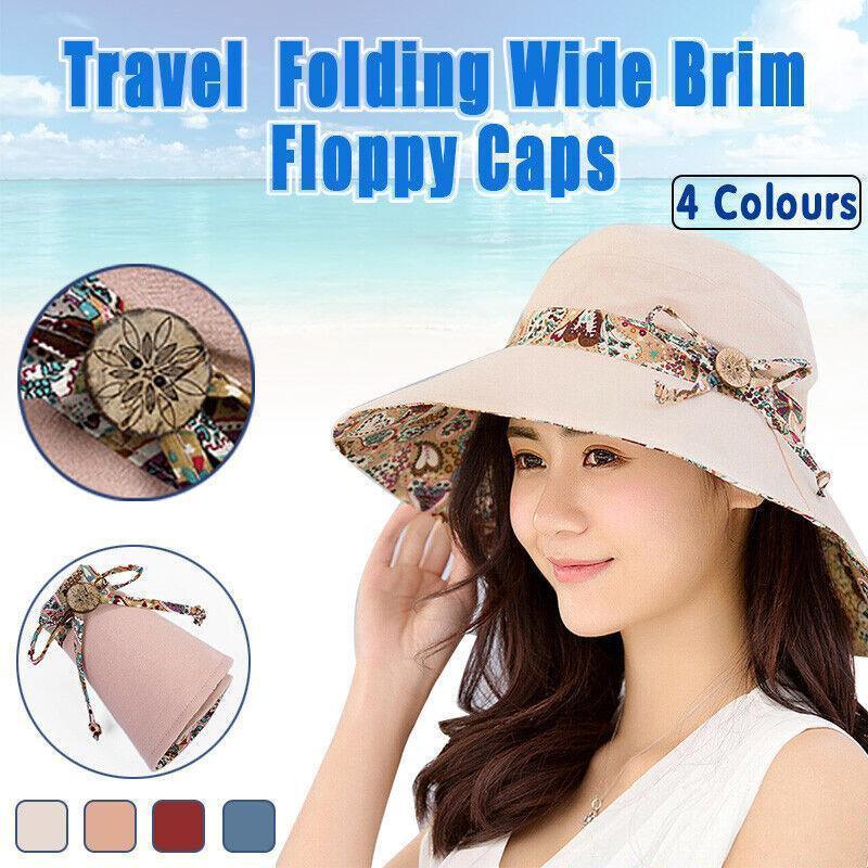 Wide Brim Sun Hat for Women Foldable Floppy Beach Cap with Bow Travel Style - Grey