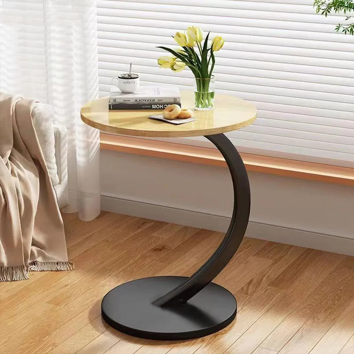 C Shaped Snack Side Table for Sofa Couch Small End Table for Living Room Bedroom - Brown-Black
