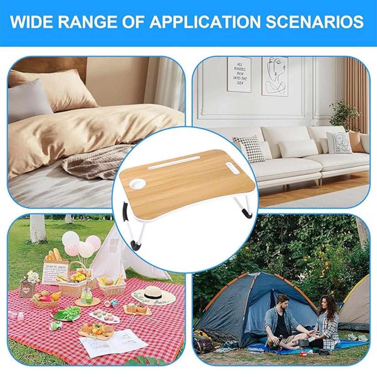 Laptop Bed Table Foldable Lap Standing Desk with Cup Slot for Indoor Picnic Tray - White