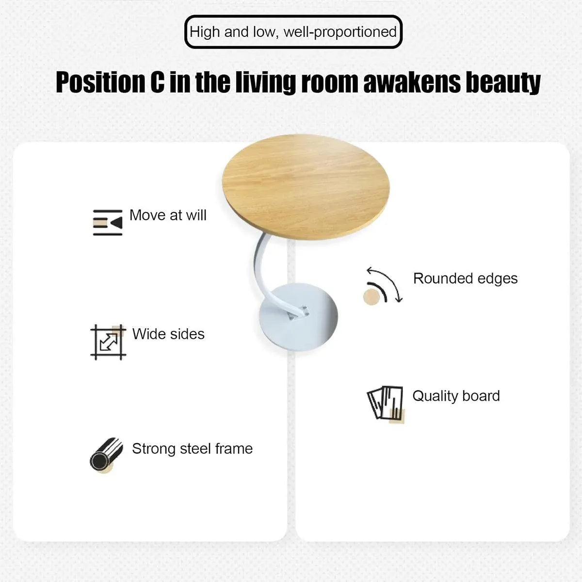 C Shaped Snack Side Table for Sofa Couch Small End Table for Living Room Bedroom - White-Black