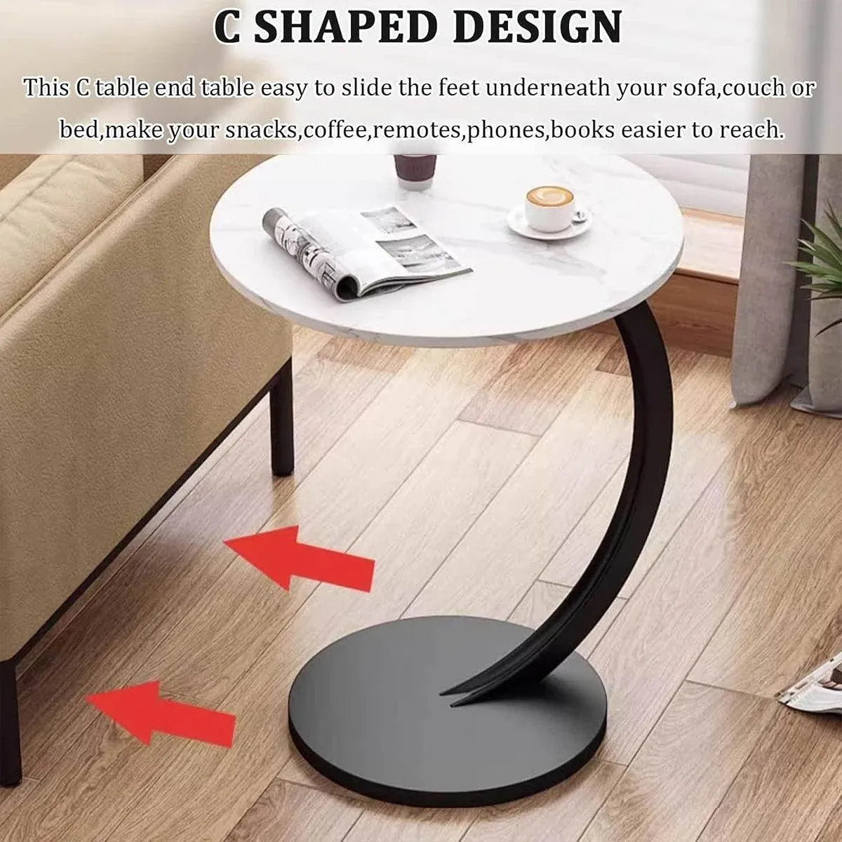 C Shaped Snack Side Table for Sofa Couch Small End Table for Living Room Bedroom - White-Black