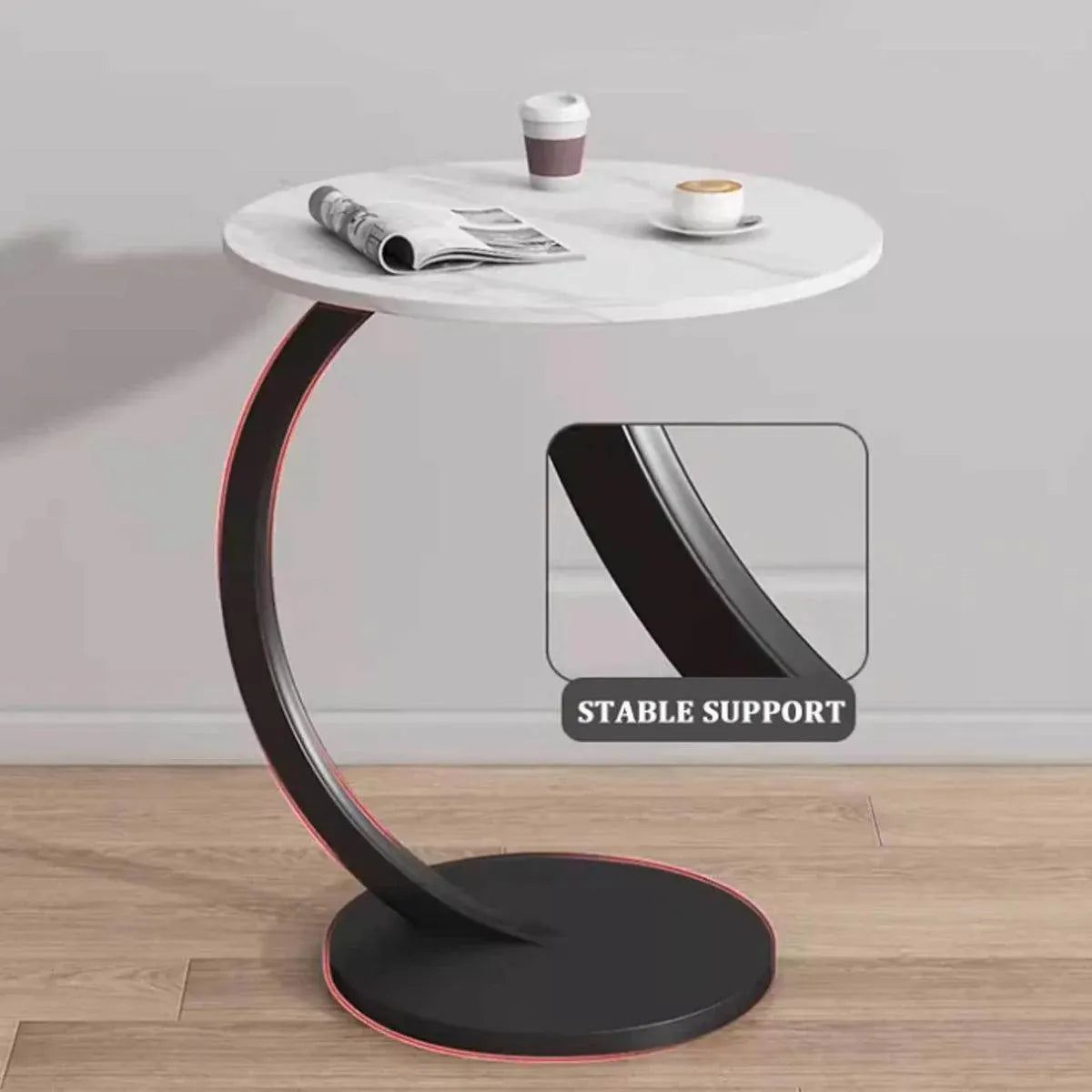 C Shaped Snack Side Table for Sofa Couch Small End Table for Living Room Bedroom - White-Black