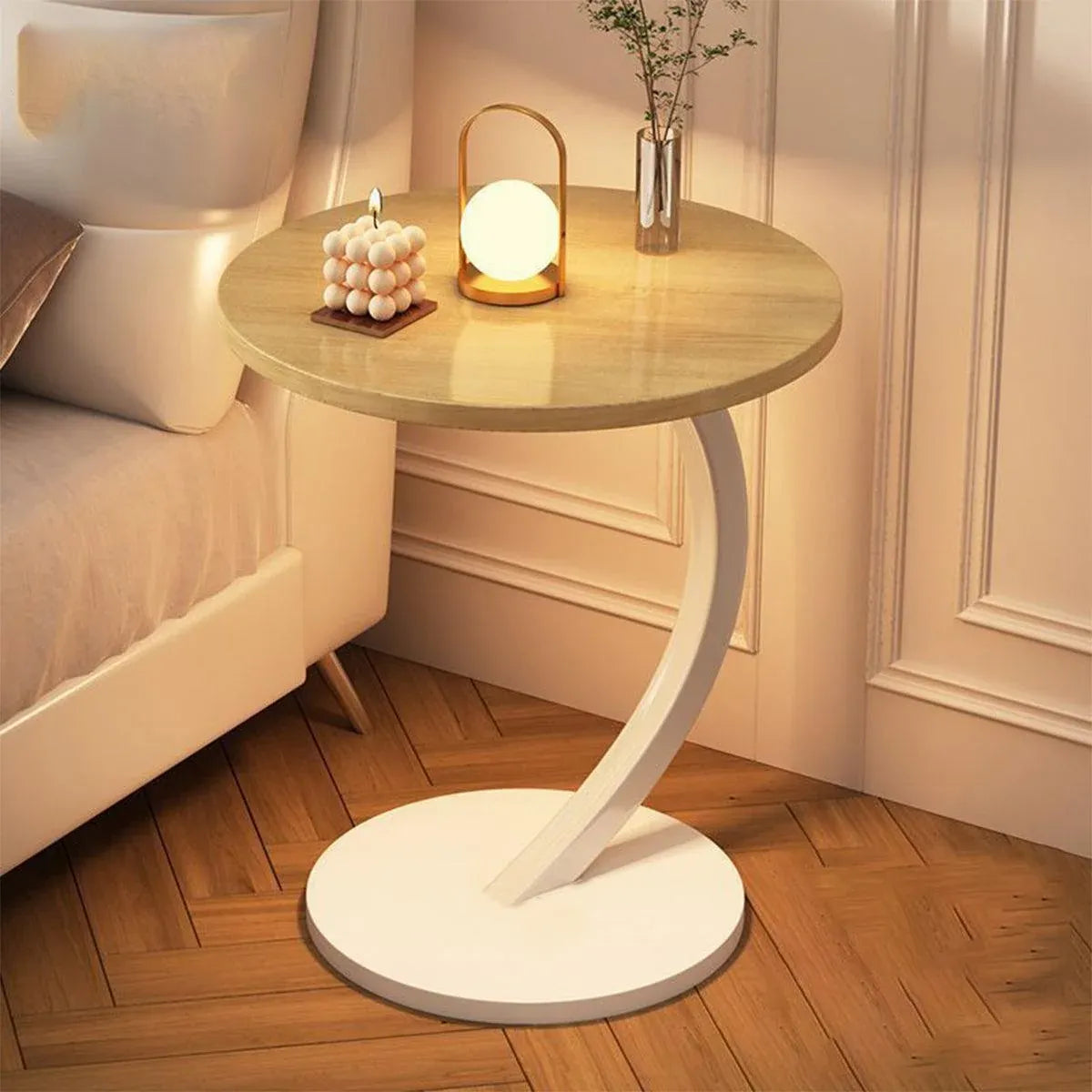C Shaped Snack Side Table for Sofa Couch Small End Table for Living Room Bedroom - White-White
