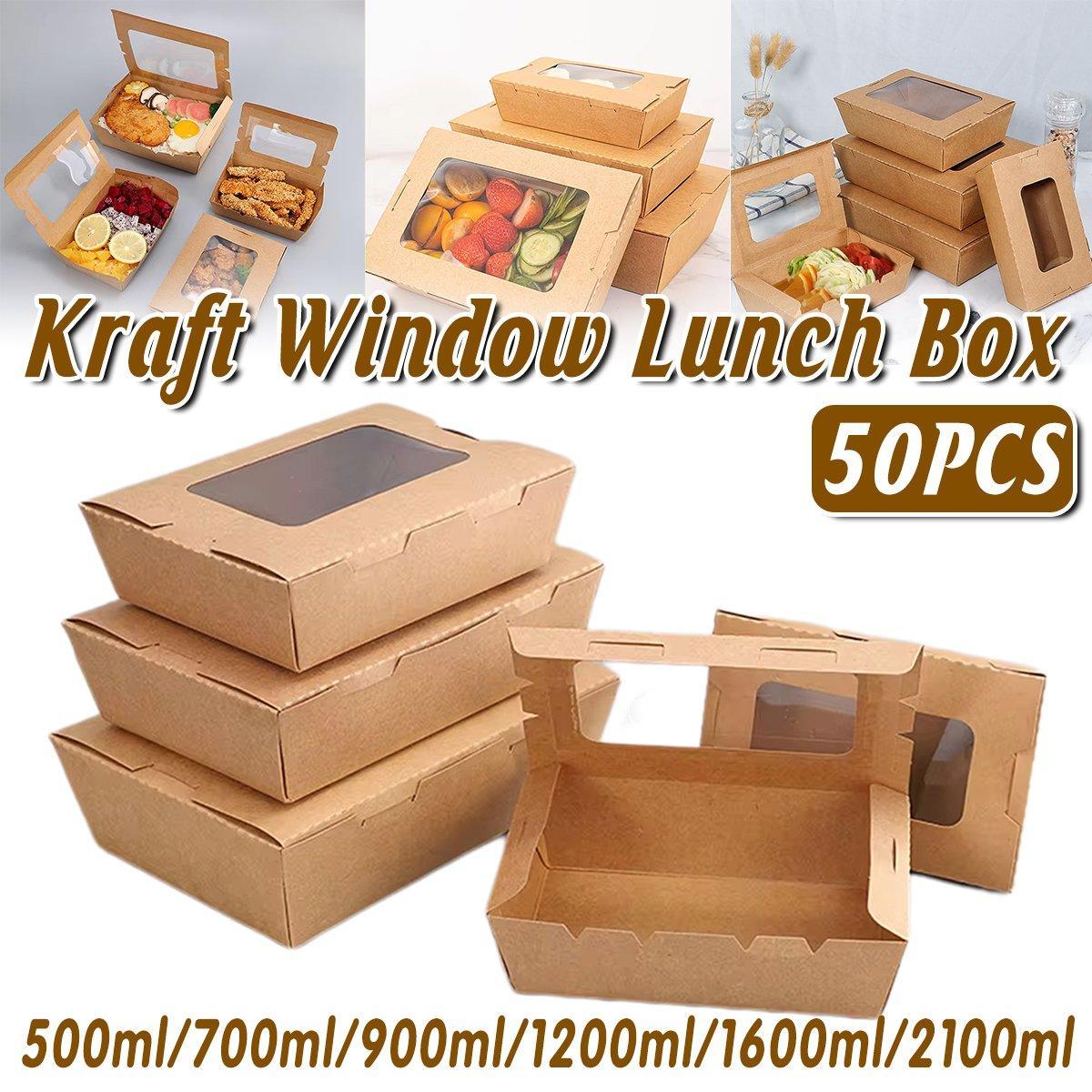 50pcs Kraft Paper Take Out Box Salad Fried Chicken Lunch Box Open Window - 1600ml