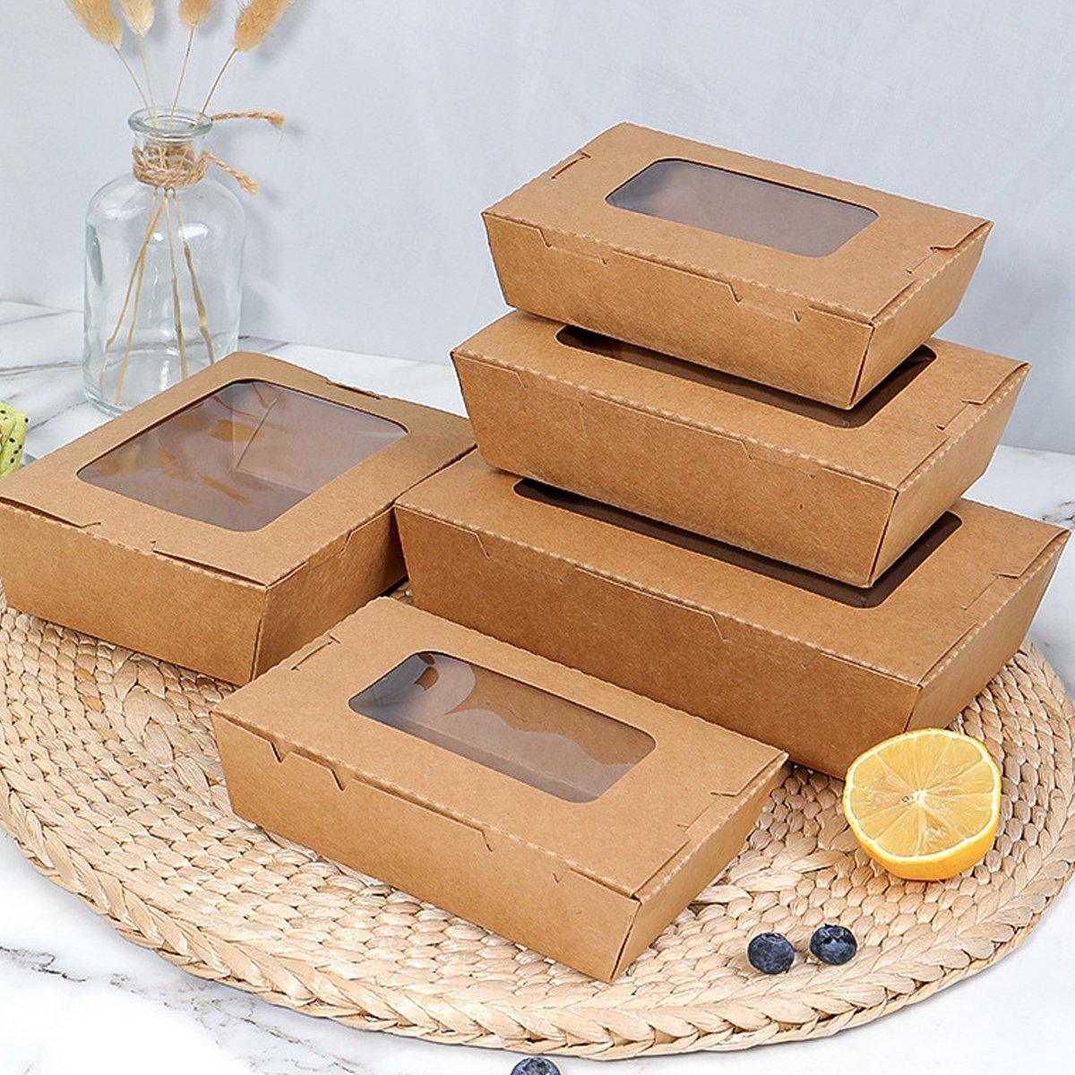 50pcs Kraft Paper Take Out Box Salad Fried Chicken Lunch Box Open Window - 1600ml