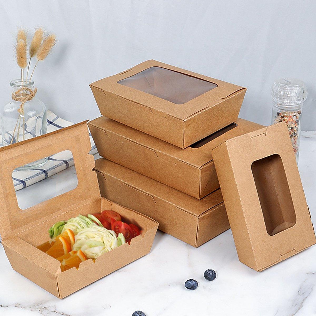 50pcs Kraft Paper Take Out Box Salad Fried Chicken Lunch Box Open Window - 1600ml