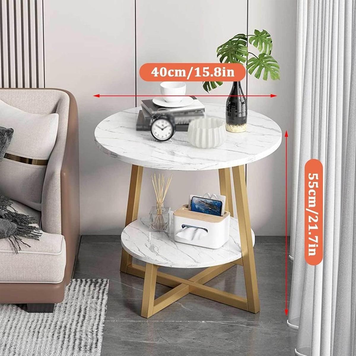 Round Side Table 2 Tier White Nightstand Coffee Sofa End Table Marble Design