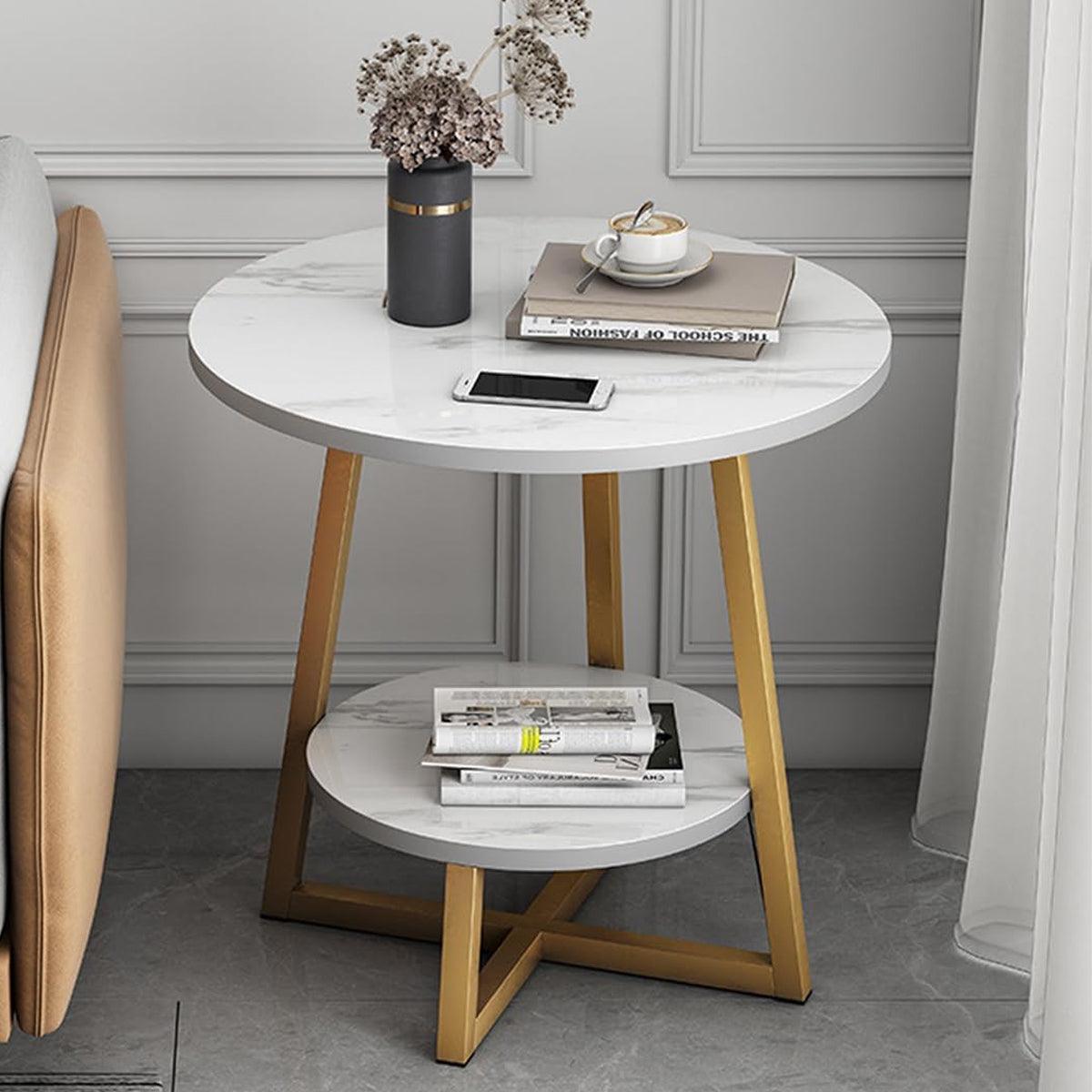 Round Side Table 2 Tier White Nightstand Coffee Sofa End Table Marble Design