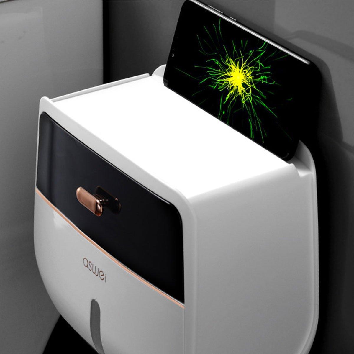 Wall-Mounted Toilet Tissue Paper Roll Holder Storage Box No punching Waterproof - Grey