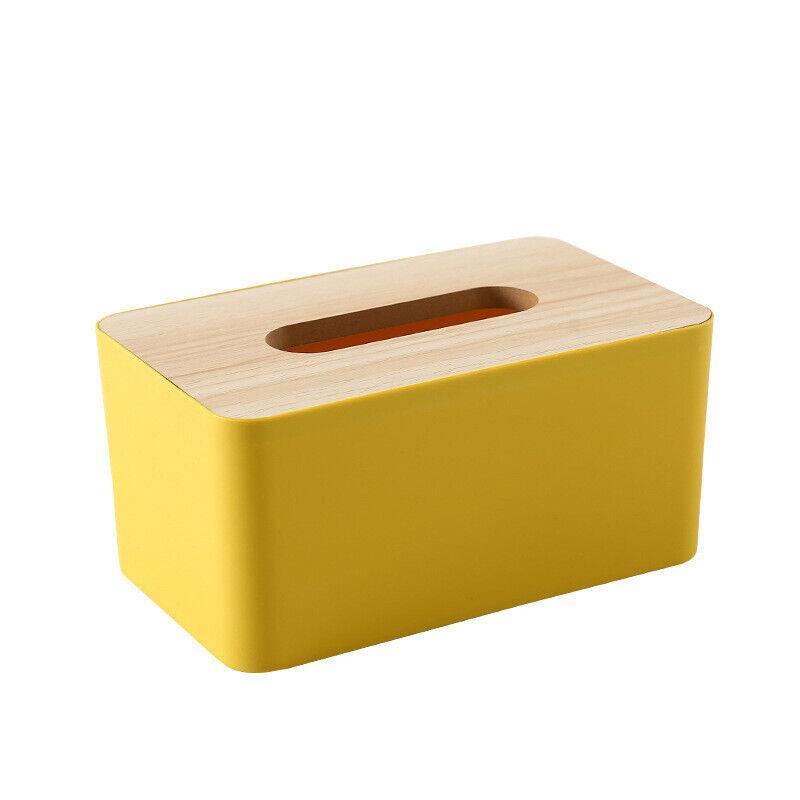 Wooden Lid Tissue Storage Box Dispenser for Napkins Desk Paper Holder Organiser - Yellow