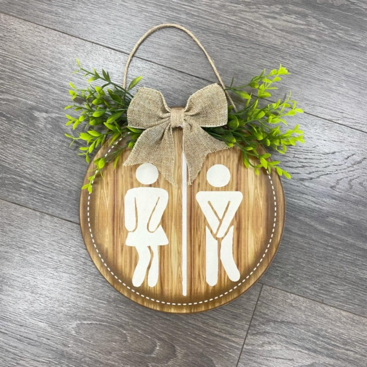Round Restroom Door Sign with Bow and Greenery 23 x 23 cm - 1 Piece