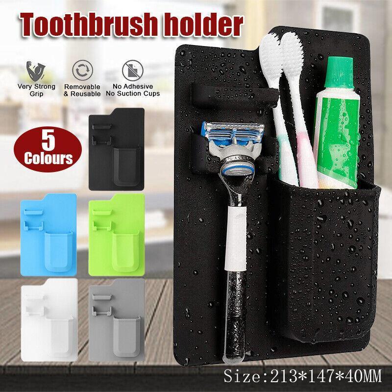 Silicone Shower Toothbrush Holder Bathroom Storage Rack for Razor and Toothpaste - Black