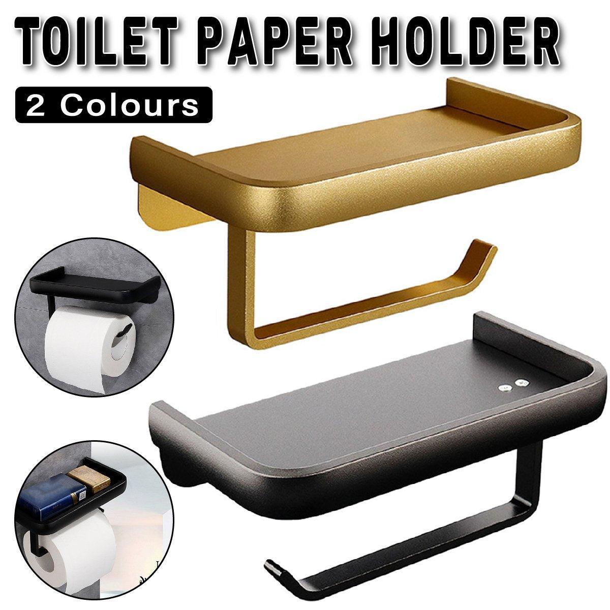 Wall Mounted Aluminum Toilet Paper Holder Non-perforated Tissue Cell Phone Shelf - Black