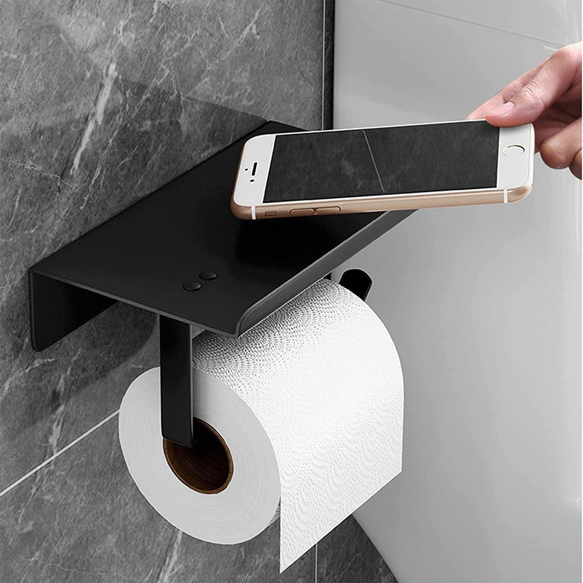 304 Stainless Steel Toilet Paper Holder Non-perforated Roll with Phone Rack - Black