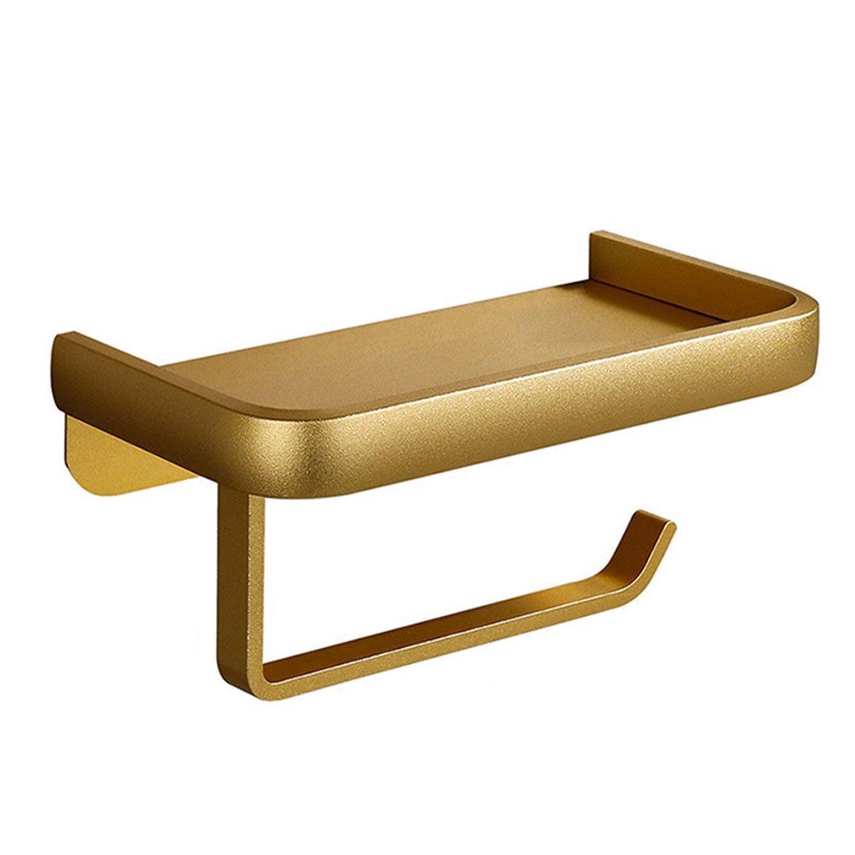 Wall Mounted Aluminum Toilet Paper Holder Non-perforated Tissue Cell Phone Shelf - Golden