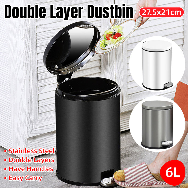 Trash Can Double Layer Foot Pedal Design with Lid Household Bin Kitchen Bathroom - White