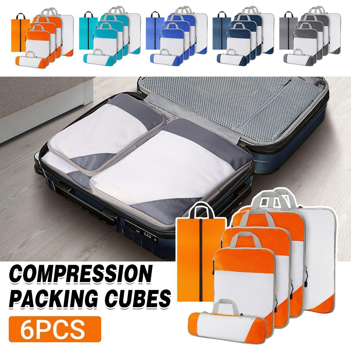 6pcs Mesh Visible Travel Storage Set Waterproof Nylon Compressible Storage Bags - Blue