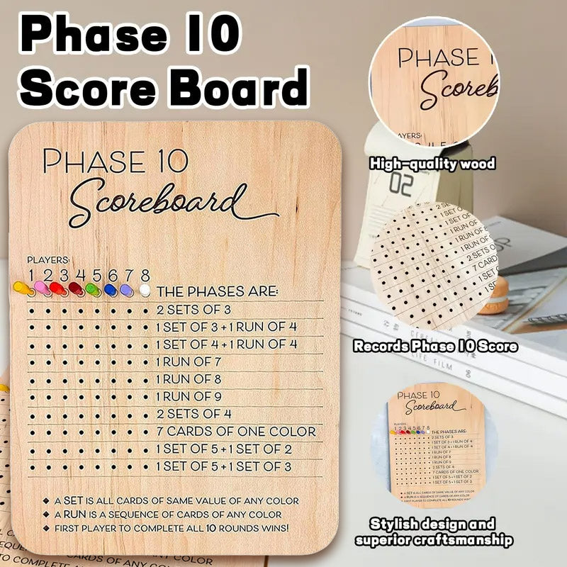 Phase 10 Score Board Wooden Phase 10 Scorecard Reusable for Family Game Tabletop