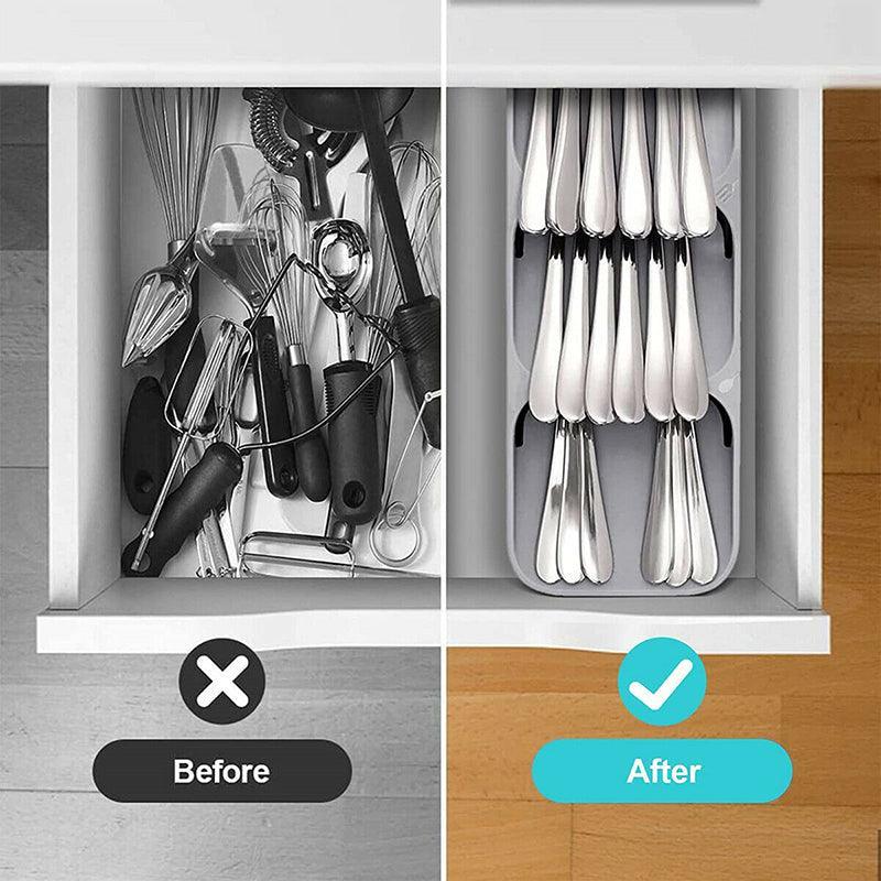 Kitchen Drawer Utensil Cutlery Tray Organizer Insert Spoon Fork Knife Divider Storage - White