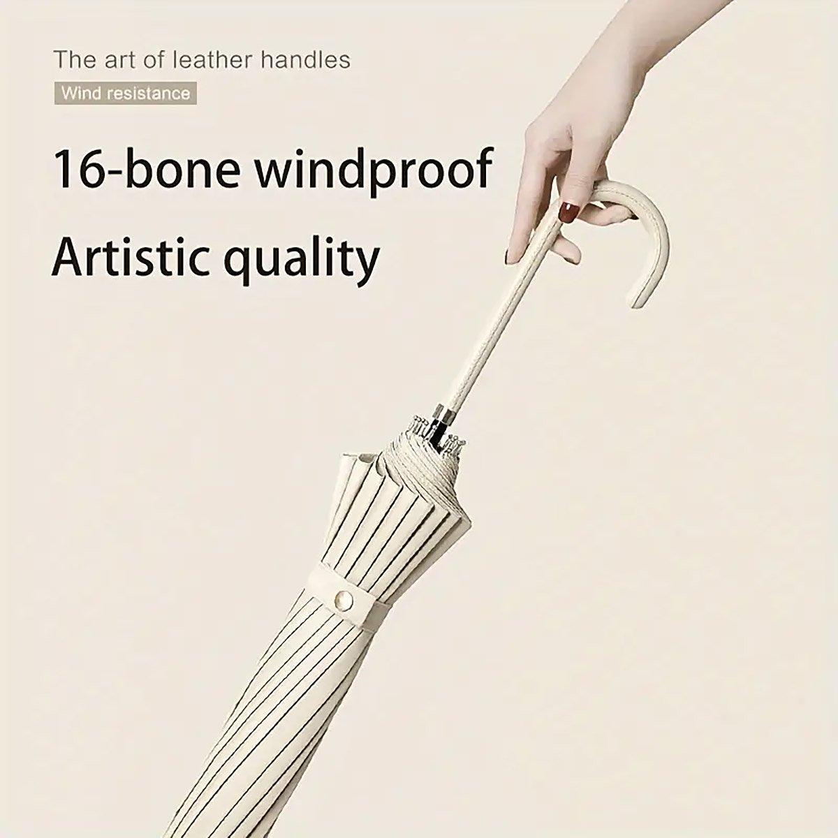 Large 16 Bone Automatic Umbrella Unisex Long Handle Dual Use Rain Sun Umbrella - Beige