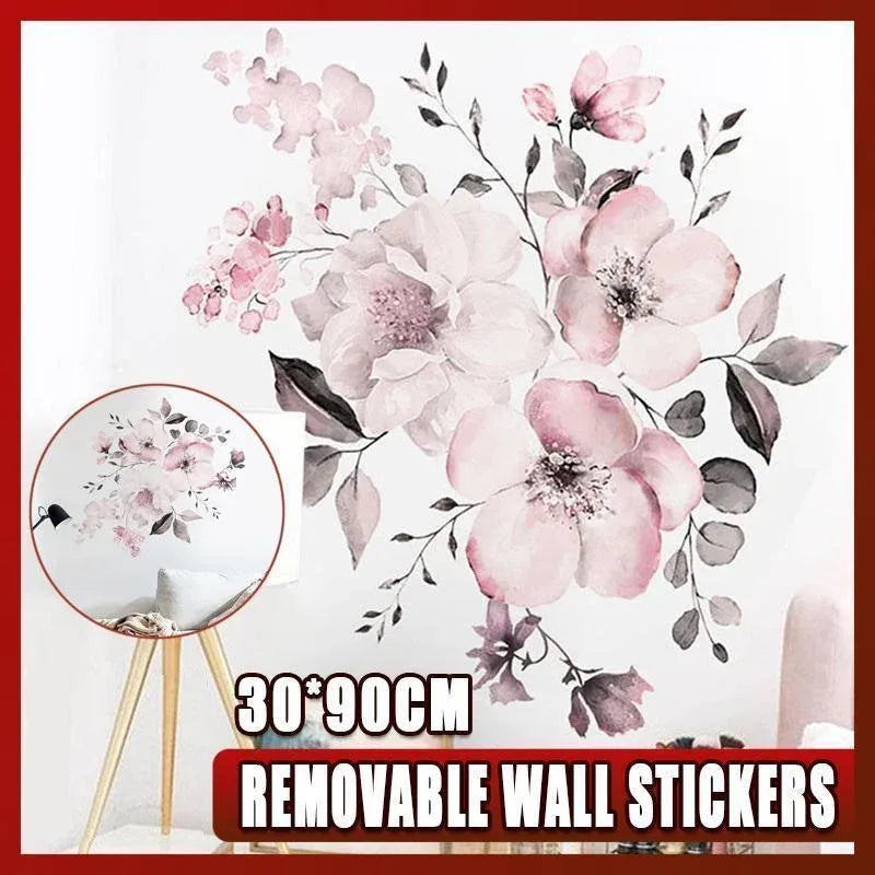 Removable Wall Stickers Watercolour Dusty Pink Flowers Leaves