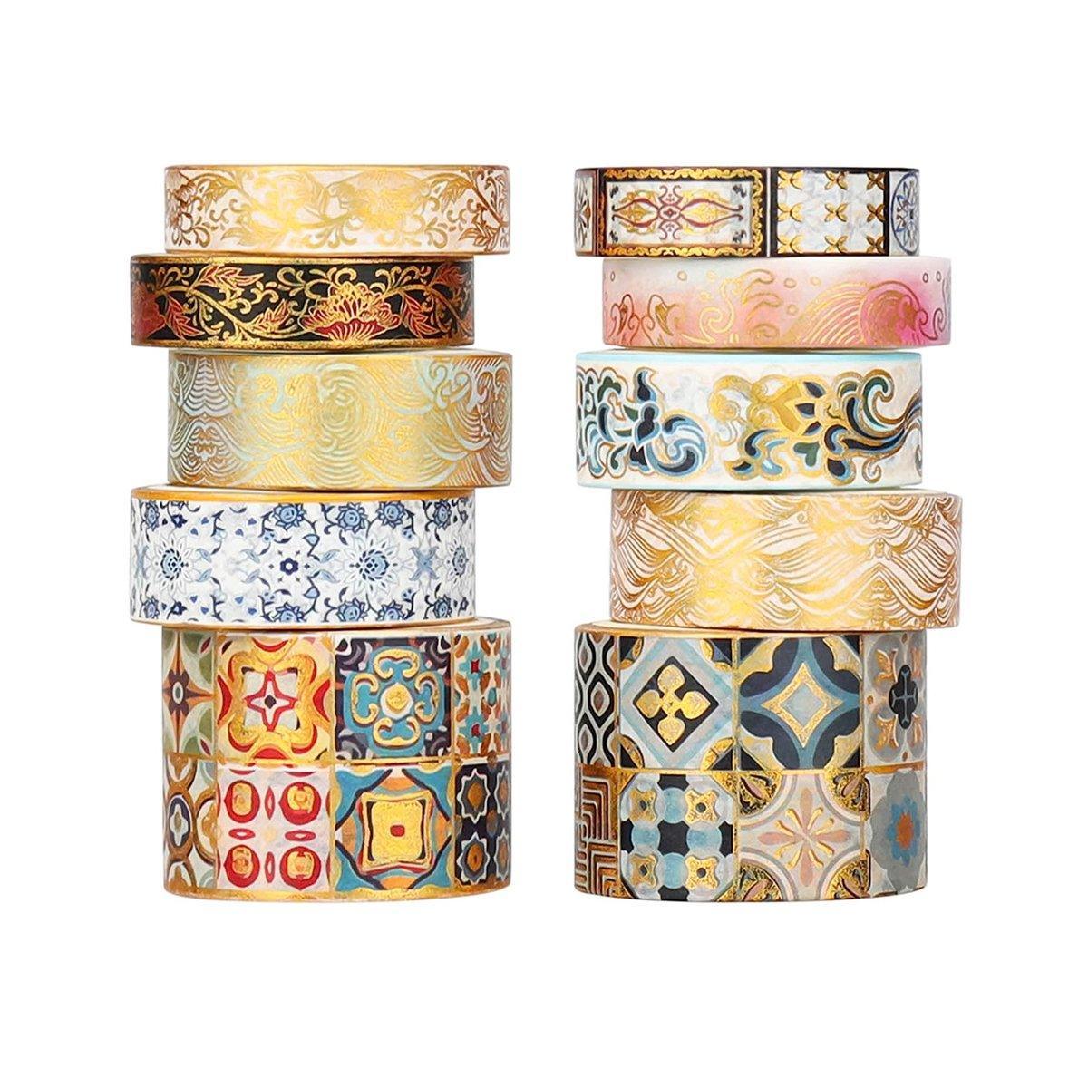 Gold Foil Washi Tape Set Decorative Craft Tape for Gift Wrapping Scrapbooking - JXHG