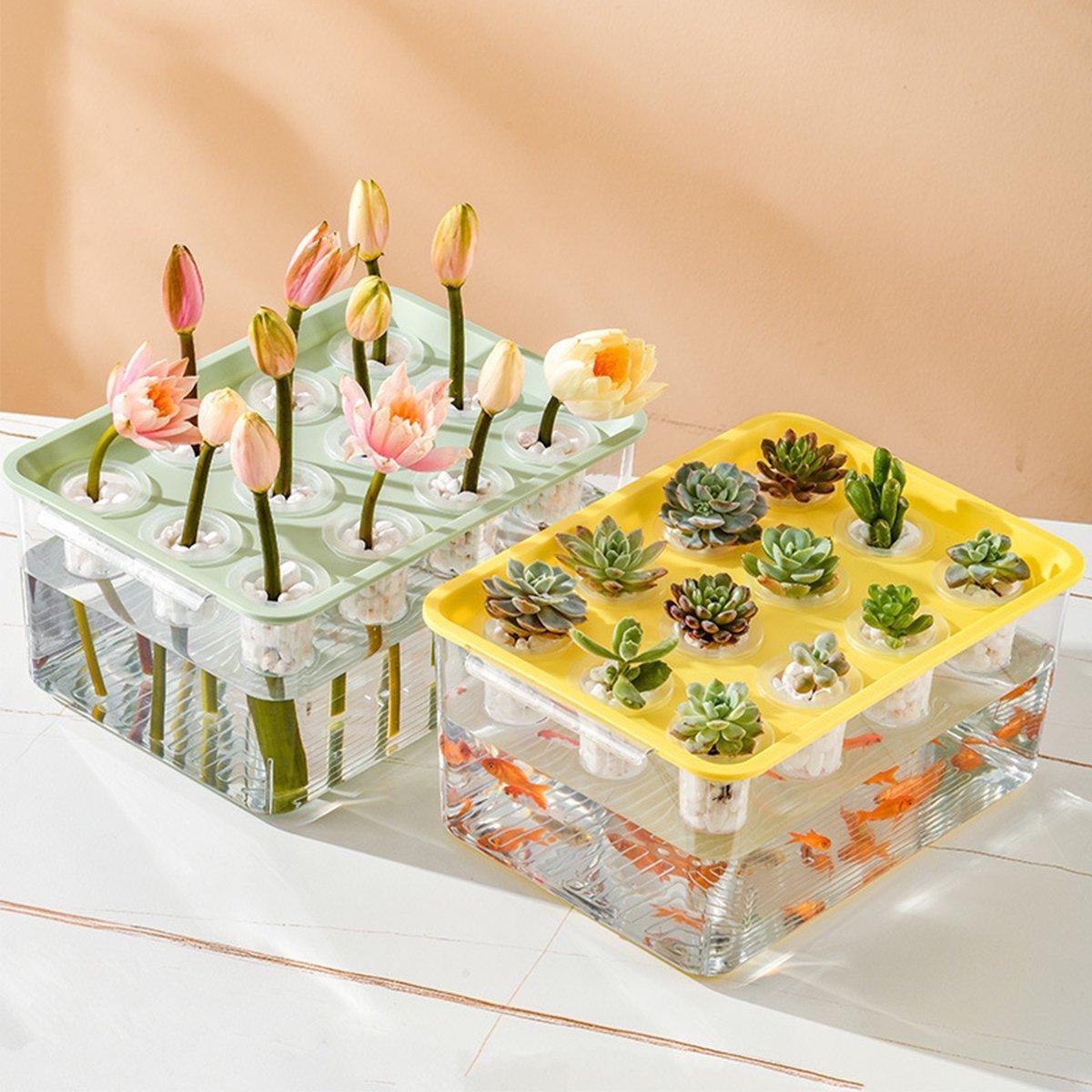 Transparent Rectangular Aquarium 12Hole Lid Portable Hydroponic Plant Fish Tank - Green