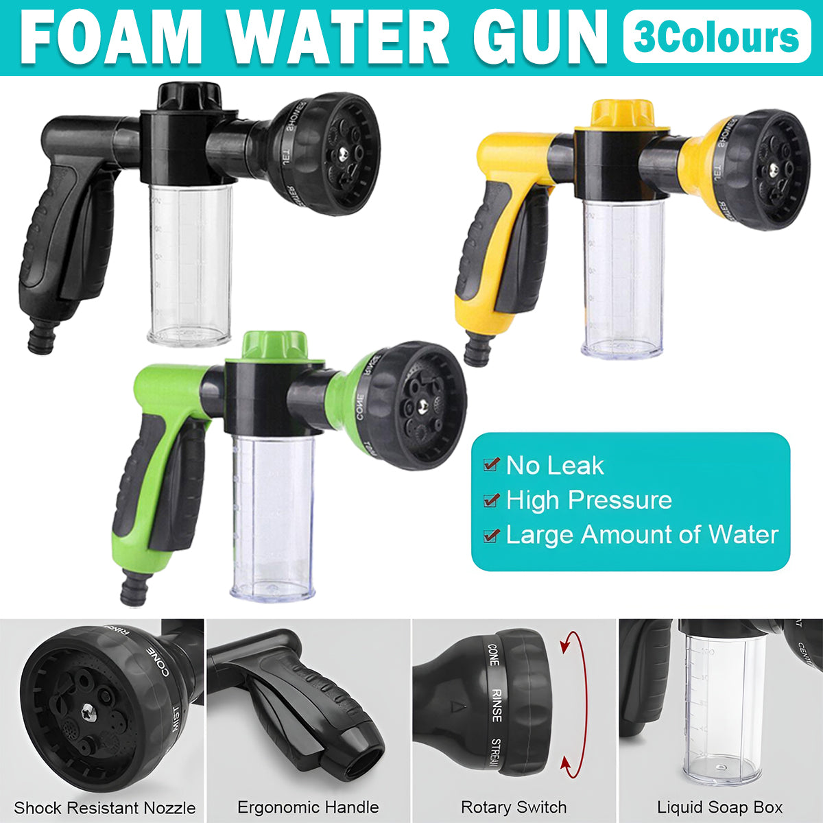Washing Nozzle Plant Pet Hose 8-Mode Garden Car Water Foam Sprayer Soap Dispenser - Black