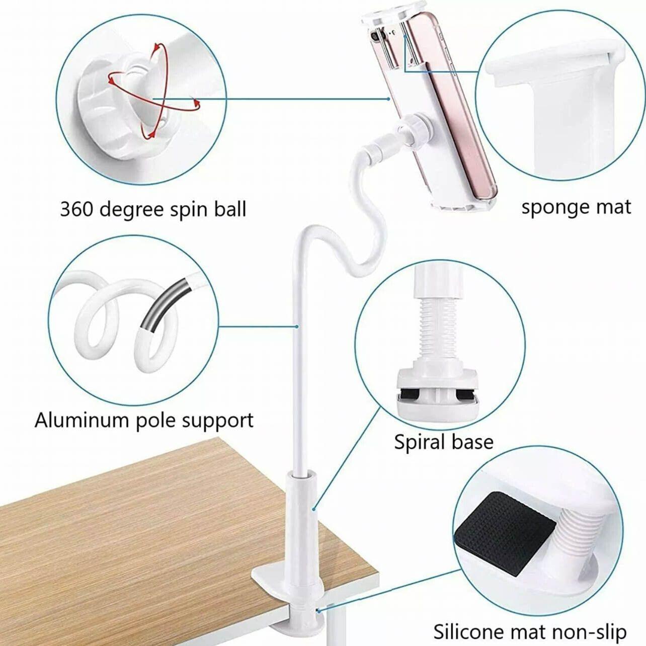 Adjustable Flexible Phone Tablet Holder with Clamp for Bed Desk Mount Use - White