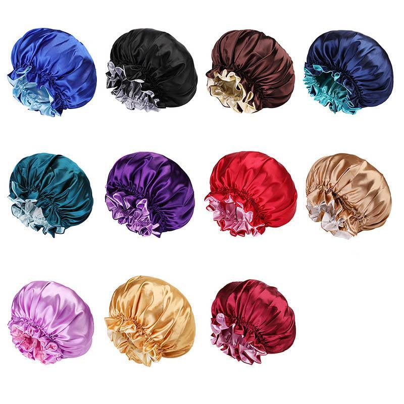 Womens Satin Sleep Cap Bonnet Elastic Wide Band Hair Sleeping Hat - Wine red