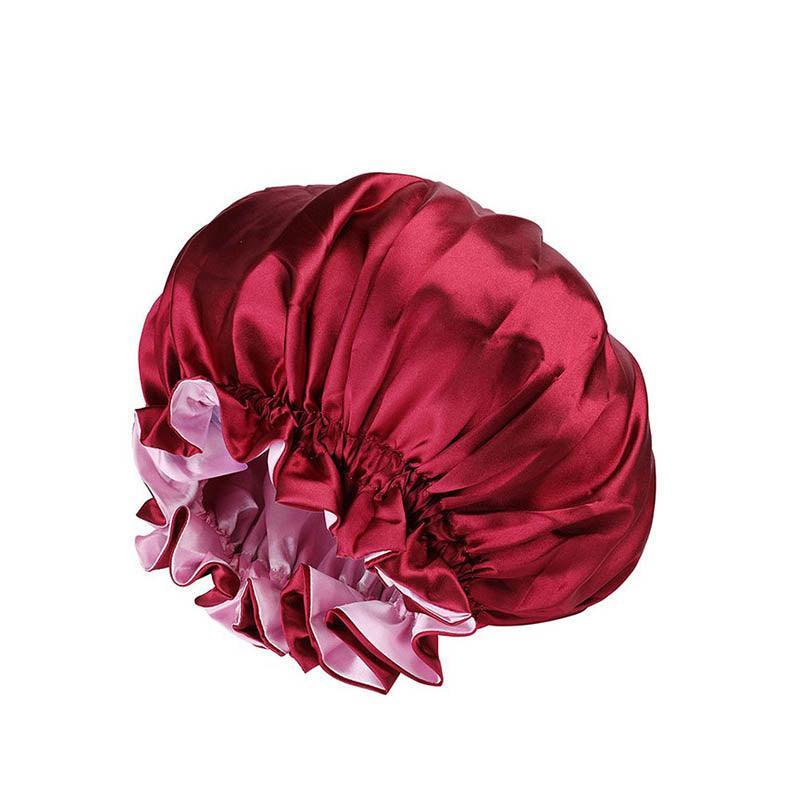 Womens Satin Sleep Cap Bonnet Elastic Wide Band Hair Sleeping Hat - Wine red