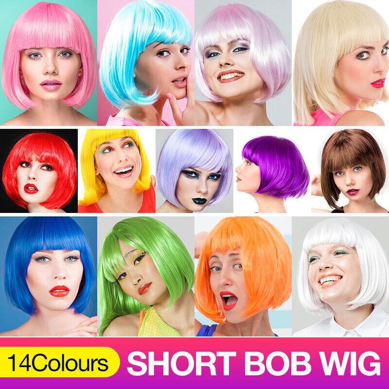 Short Bob Wig with Bangs for Women Synthetic Cosplay Party Hair in 14 Colours - Brown