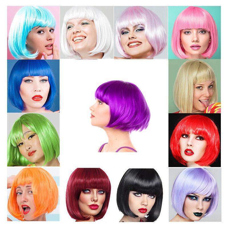 Short Bob Wig with Bangs for Women Synthetic Cosplay Party Hair in 14 Colours - White
