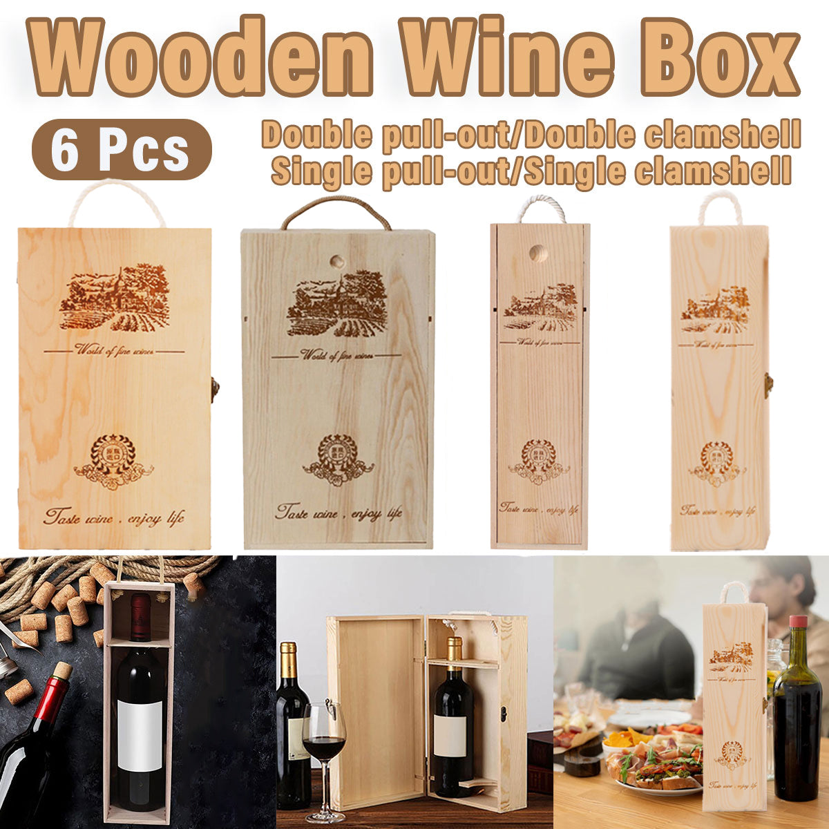 6pcs Red Wine Wooden Gift Box Packaging Storage Box for Wine Bottle Gifts - Single pull-out
