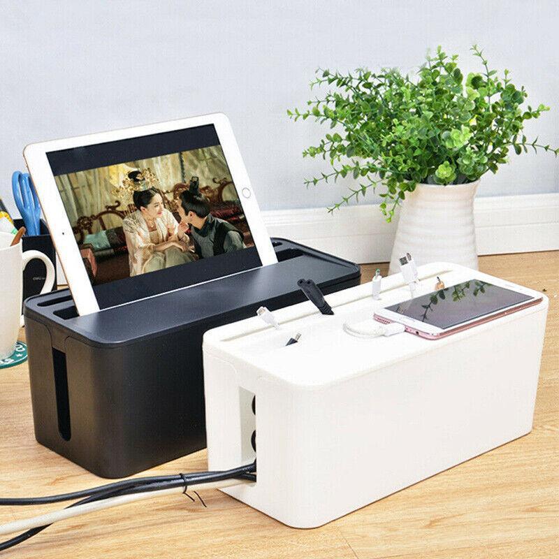 Large Cable Wire Cord Storage Box Case with Lid for Power Board and Device Charging - Black