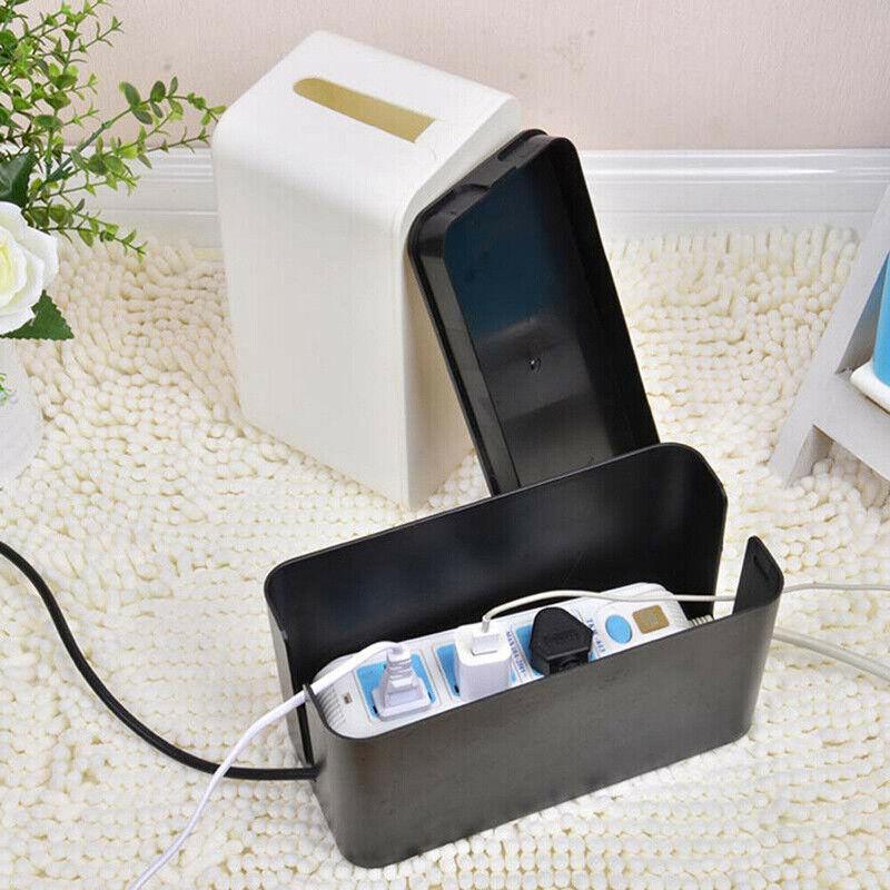 Large Cable Wire Cord Storage Box Case with Lid for Power Board and Device Charging - Black