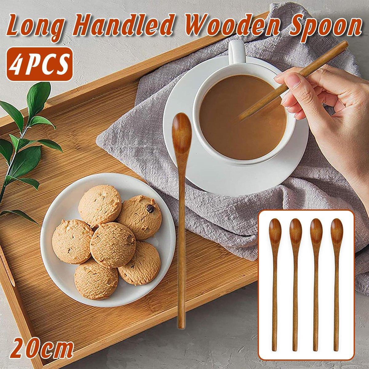4PCS 20CM Japanese Wooden Long Handle Stirring Spoon Small Honey Spoon Tableware
