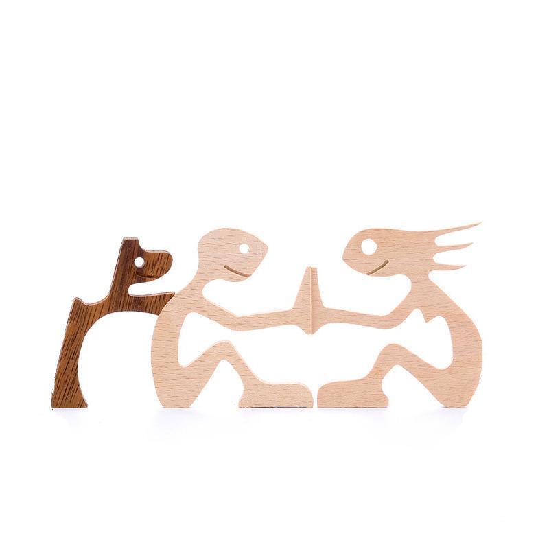 Handmade Wooden Statue Sitting Family and Dog Craft Home Decor - B01