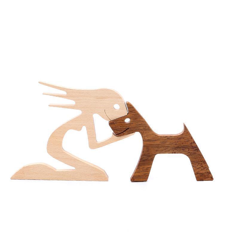 Handmade Wooden Statue Sitting Family and Dog Craft Home Decor - B07