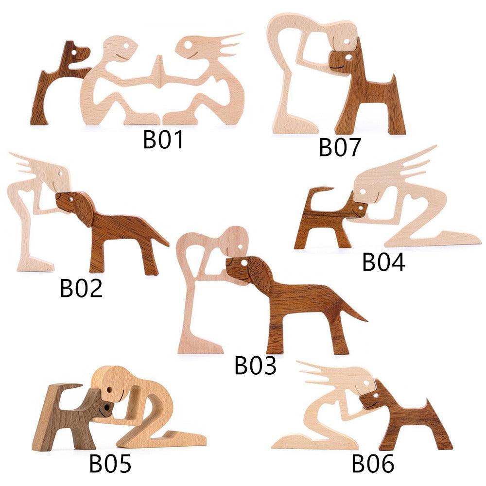 Handmade Wooden Statue Sitting Family and Dog Craft Home Decor - B04